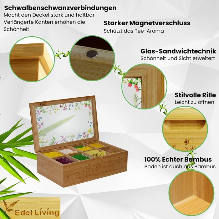 Преміальна чайна коробка з 8 відділеннями, акриловим скляним віконцем, гравіюванням трав та магнітною застібкою - універсальне використання для чайних пакетиків, кавових капсул тощо (Mattem Wildflower Meadow)