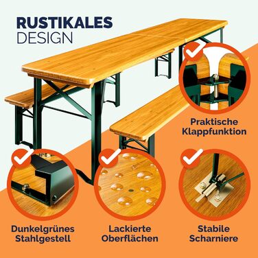 Комплект пивних наметів Casaria 220 см, складаний, міцний, 3 предмети, 2 пивні лавки, 1 широкий стіл, дерев&39яний комплект пивних столів, комплект фестивальних наметів, пивний сад, пивний набір