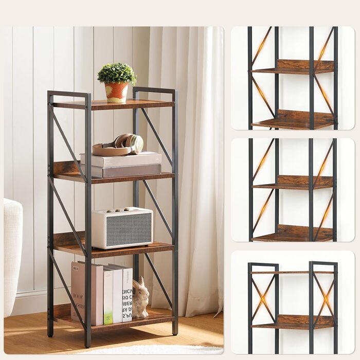Книжкова полиця HOOBRO, стояча полиця, полиця-драбина, окремостояча вузька полиця, офісна полиця з 4 ярусами, відкриті полиці, для вітальні, спальні, офісу, кухні, рустикальний коричневий та чорний EBF40SJ01 42 x 28 x 102 см рустикальний коричневий чорний