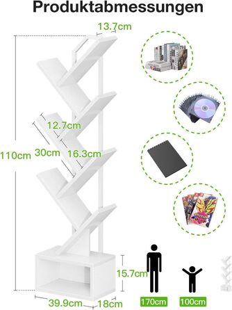 Книжкова полиця Coleshome у формі дерева, 6-ярусна окремостояча полиця, дерев&39яна книжкова полиця, підходить для вітальні та спальні, біла