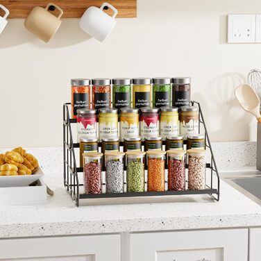 Рівнева стійка для спецій - регульована по висоті (2/3/4 рівні) та не потребує свердління - чорна металева стійка для спецій з S-подібними гачками та етикетками - органайзер для спецій для кухні, шафи, ванної кімнати, 1 упаковка, 4-
