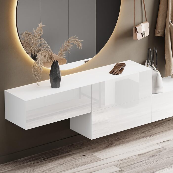 Шафа для передпокою Planetmbel 2 шт. 160 см вкл. дзеркало кругле з підсвічуванням 100 см, біла, меблі для передпокою з дзеркалом,