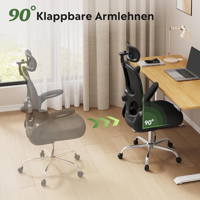 Ергономічне офісне крісло DEVAISE, письмове крісло з поперековою опорою, 3D-підголівник, підлокітники, що складаються на 90, та дихаюча сітчаста спинка, функція гойдання для офісу та домашнього офісу, до 150 кг, чорний колір