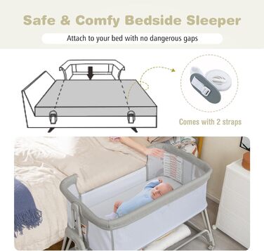 Дитяча колиска LIFEZEAL з регульованою висотою, портативна приліжкова колиска 90 x 50 см, дитяче ліжко 3-в-1 з матрацом, дорожнє ліжечко для малюків 0-6 місяців, приліжкова колиска з дихаючою сіткою (світло-сірий)