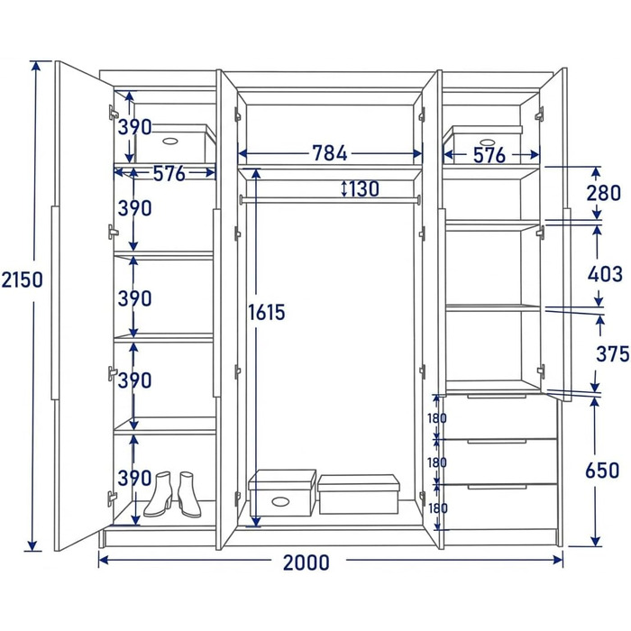 Шафа, 4-дверна з 3 шухлядами 200 x 215 см Шафа з відкидними дверима, рейкою для одягу та полицями, колір K. білий/T. sonoma/S. sonoma