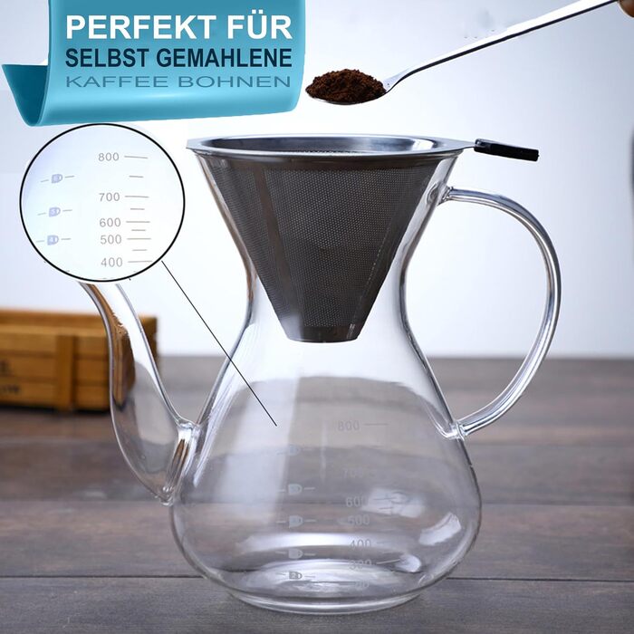 Кавоварка Pauzema 800 мл, кавоварка з постійним фільтром 6-8 чашок з ручкою Графин для кави Боросилікатне скло Термостійке