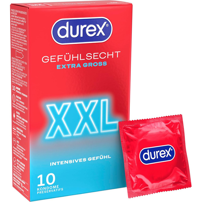 Презервативи Durex Feel Real XXL Ідеальна посадка та легке розгортання Тонкі, великого розміру, змащені, прозорі 10 шт. (1 x 10 шт. )