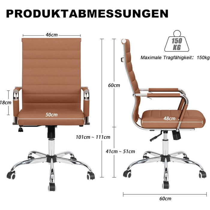 Офісний стілець UEV, вантажопідйомність 150 кг, з функцією гойдання, ергономічний робочий стілець з підлокітниками, обертовий стілець, S-подібна поперекова опора, м&39яке сидіння, регульована висота, виготовлений зі штучної шкіри, коричнева срібна основа