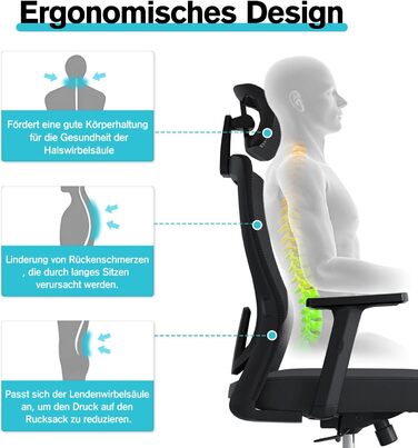 Ергономічне офісне крісло з регульованою поперековою опорою, 2D підголівником та підлокітниками, ергономічне офісне крісло з функцією нахилу 120, обертове крісло, офісні крісла 150 кг, чорні нейлонові колеса