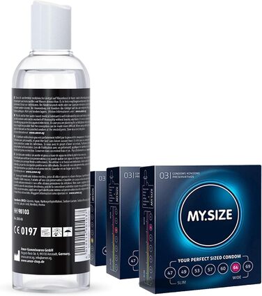 Презервативи Vibratissimo Play Gel все в одному 250 мл та MY.SIZE, 3 шт. Зігрівальний, поколюючий та стимулюючий оргазм лубрикант Зволожувальний матеріал на водній основі та презервативи шириною 57, 60, 64 мм, 250 мл () Набір (все в одному презервативи My