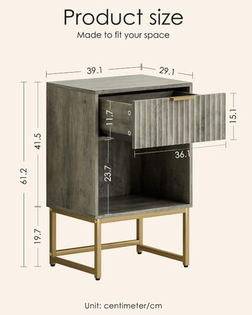 Тумбочка з шухлядою, бічний столик шириною 40 см з великим відділенням, сучасна тумбочка для спальні, вітальні або офісу (40 x 30 x 60 см, сіре заливне покриття) 40 x 30 x 60 см Сіре заливне покриття