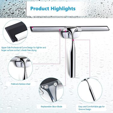 Ракель для душу Love-KANKEI Ракель для душу з нержавіючої сталі з гумовою губкою, включно з 1 запасною губкою та 1 гачком