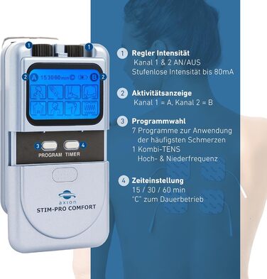 Апарат для терапії болю axion TENS STIM-PRO Comfort - 4 шт. 5х5 см електродні подушечки Пристрій для стимуляційного струму для терапії болю, наприклад, при остеоартриті, артриті, шиї, спині, суглобах Сертифікація. Медичний виріб 1) STIM-PRO Комфорт