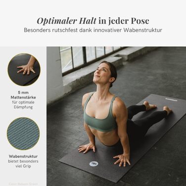 Килимок для йоги Lotuscrafts, нековзний, 183 x 61 x 0,5 см, легкий килимок для фітнесу, також підходить як килимок для гімнастики або килимок для вправ - безпечний для шкіри та протестований на наявність шкідливих речовин, бальзамово-зелений