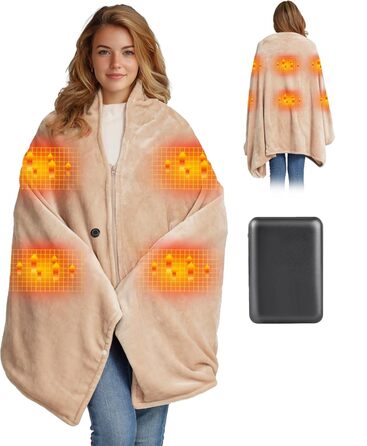 Бездротова ковдра з підігрівом з акумулятором 10000 мАг, електрична фланелева ковдра з підігрівом 160x90 см, портативна для жінок та чоловіків, 3 рівні нагріву, можна прати для дому, офісу, кемпінгу, хакі