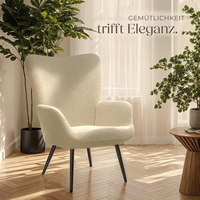 Крісло tectake у скандинавському стилі з крилами, крісло Teddy Hygge, крісло з букле для вітальні, спальні, вишукане крісло-гостина, вантажопідйомність до 150 кг без підставки для ніг, букле кремовий/чорний