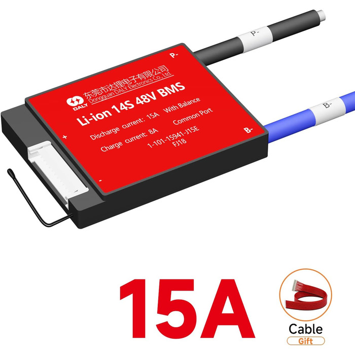 Система керування літій-іонним акумулятором DALY BMS 14S 48V 15A, плата захисту акумуляторного блоку зі загальним портом та балансувальними проводами для домашнього використання, електронних пристроїв з акумулятором 18650, саморобними роботами