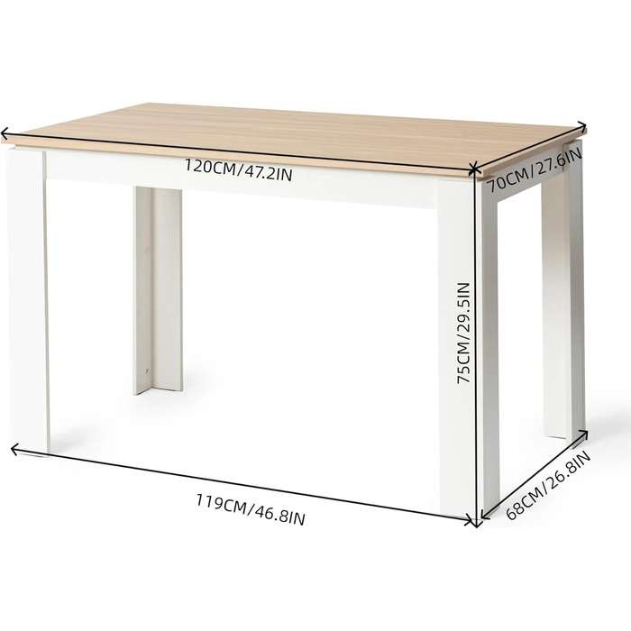 Обідній стіл, дерев&39яний обідній стіл для кухні, мінімалістичний дизайн, обідній стіл на 4 персони, 120x70x75см, дуб та білий, ніжка столу 120x70см дубово-біла