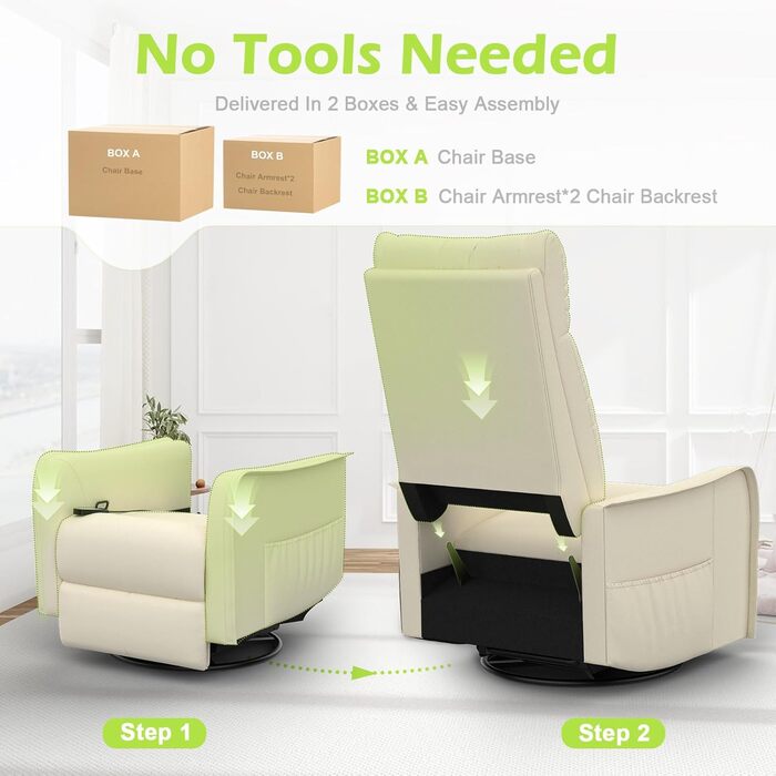 Крісло для телевізора, масажне крісло з функцією відкидання, крісло для релаксації з підігрівом та масажем, крісло для телевізора з поворотом на 360 для вітальні, крісло-гойдалка з м&39яким підголівником, 2 бічні кишені, ПУ кремово-білий колір