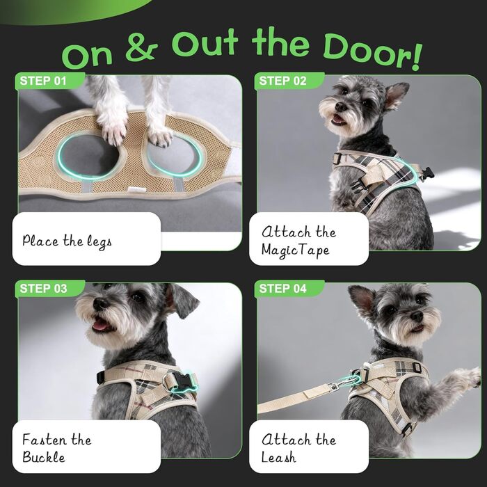 Шлейка та повідок для собак, комплект з тримачем для AirTag, м'яко підбитий, середній розмір, противисмикування, світловідбиваюча шлейка для цуценят, нашийник та повідок для прогулянок, Хакі, розмір S (Нашийник 22.8-29 см, Обхват грудей 36.8-40.6 см) Хакі