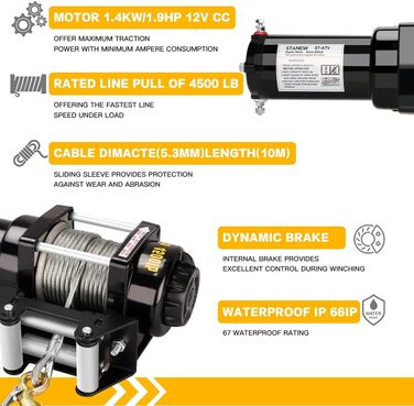 Електрична лебідка STANEW 12 В, що тягне до 4500 фунтів/2041 кг, лебідка для позашляхового двигуна, канатний підйомник, електрична лебідка, сталевий трос 10 м, акумуляторна синтетична лебідка з дистанційним керуванням Розтяг 4500 фунтів