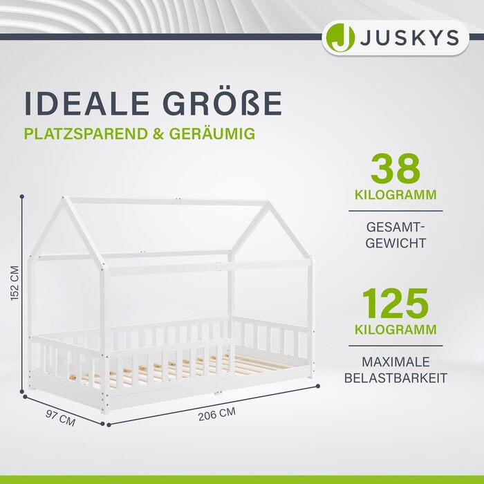 Дитяче ліжко Juskys Marli 90 x 200 см з матрацом, захисними поручнями, рейковою основою та дахом - Ліжко-будиночок з масиву дерева для дітей - Ліжко білого кольору