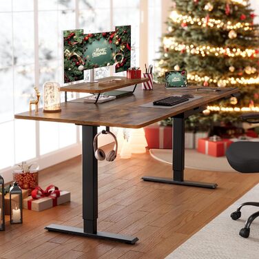 Письмовий стіл з регульованою висотою, 160 x 80 см, гнучка підставка для монітора, шухляда, порт USB-C, нагадування про тривале сидіння, для офісу, вінтажний коричневий LSD156KD01 160 x 80 см вінтажний коричневий