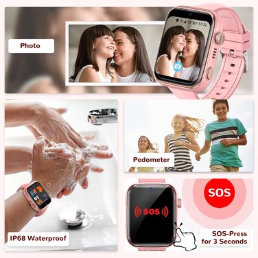 Дитячий смарт-годинник з функцією відеодзвінків та телефону, дитячий годинник з GPS, голосовим чатом, WhatsApp, WiFi, SOS, SMS, шкільним режимом, крокоміром, водонепроникний IP68, будильник, дитячий смарт-годинник для дівчаток/хлопчиків, рожевий