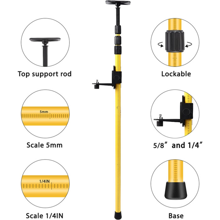 Метровий телескопічний стрижень Телескопічний опорний стрижень лазера з різьбленням 5/8 дюйма і 1/4 дюйма для лазерів з ротаційних лінійних лазерів Ротаційні лазери Лінійні лазери, 2,8-