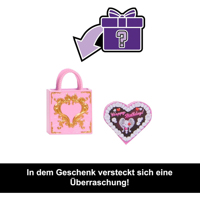 Лялька Monster High Scary Sweet Birthday, Купідон Астерія, у рожево-червоній святковій сукні з тематичними аксесуарами, такими як запрошення, повітряна кулька, подарунок тощо, JBG77 Рожевий/Червоний