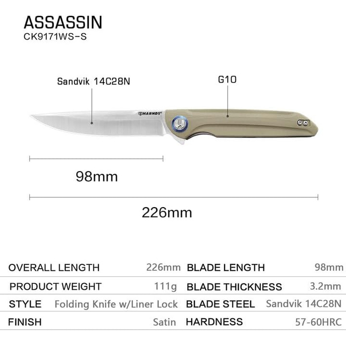 Зовнішній ніж, кишеньковий ніж, що швидко відкривається, з лезом Sandvik 14C28N і ручкою G10 з надійним замком, 111 г 22,8 см Кемп