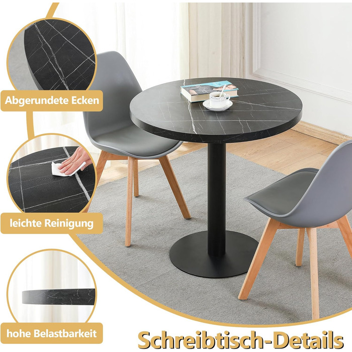 Круглий обідній стіл Mingone, маленький кухонний стіл з мармуровою стільницею та металевими ніжками, 80x80 см, чорний