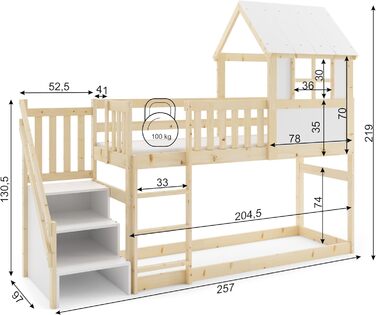 Ліжко-горище Interbeds 200x90 см з гіркою та сходами Двоярусне ліжко Дерев&39яне ліжко Дитяче ліжко з рейковою основою Ігрове ліжко (зі сходами)