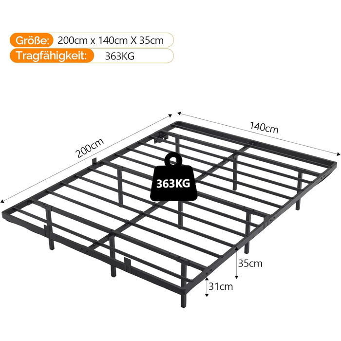 Каркас ліжка Bonnlo 140x200 см з рейковою основою, ліжко 140x200 см зі світлодіодним освітленням, міцне металеве ліжко, плаваюче ліжко висотою 36 см, чорне (без матраца) 140 x 200 см