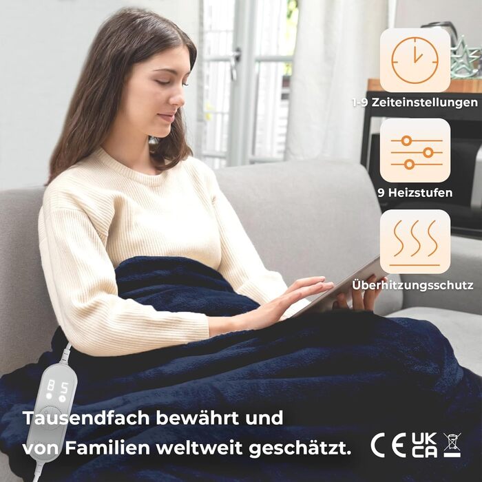 Фланелева ковдра з підігрівом CELESTA з автоматичним вимкненням, 180 x 130 см, 9 налаштувань температури, таймер 1-9 годин, автоматичне вимкнення, ковдра з підігрівом, можна прати в пральній машині - для дивана, ліжка та офісу, темно-синій, темно-синя фла