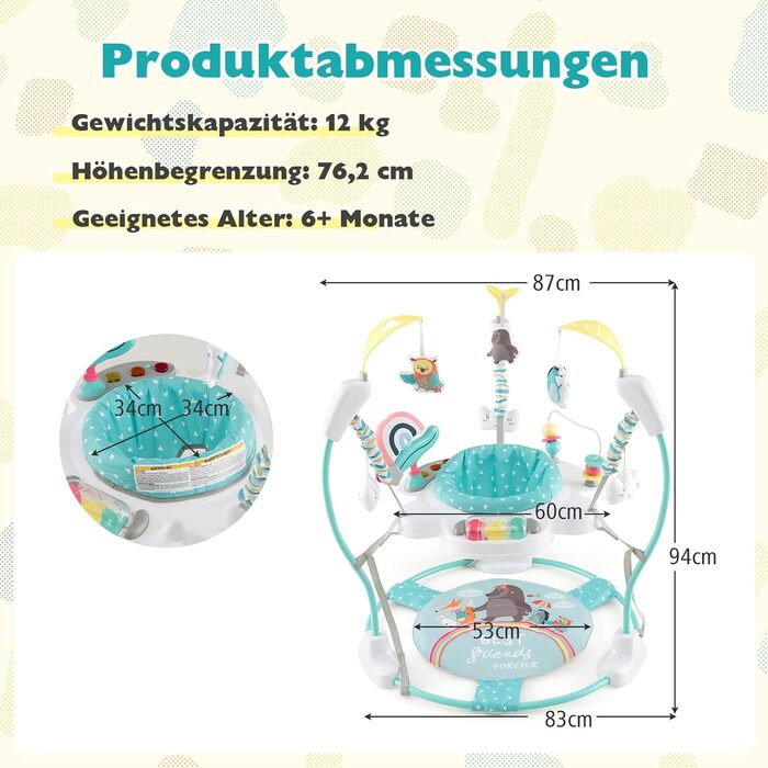 Ходунки для немовлят з регульованою висотою, шкатулка для іграшок та музики, надувне крісло з сидінням, що обертається на 360, центр активності для немовлят від 6 місяців, вантажопідйомність 12 кг