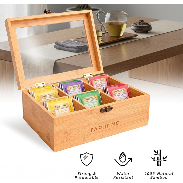 Чайна коробка, бамбук, 6 відділень, чайна скринька з оглядовим віконцем, органайзер для чайних пакетиків, ВxШxГ приблизно 22 x 16 x 9 см, натуральний колір, (1-221609)