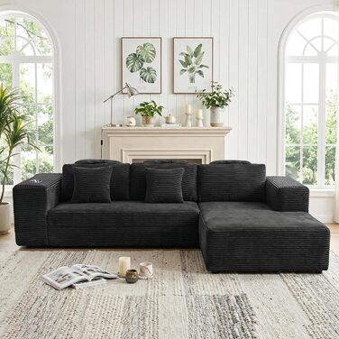 Кутовий диван з 3 подушками для шиї, диван Cloud Boneless з боковим відділенням та підсклянником, вельветовий L-подібний розкладний диван, глибоке сидіння, диван з правим шезлонгом, для вітальні, чорний Нековзка основа