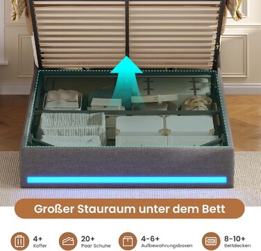 М&39яке ліжко 140200 см Гідравлічне ліжко з відсіком для зберігання речей та світлодіодним освітленням Дитяче ліжко з портами USB та Type-C Двоспальне ліжко Каркас ліжка з дерев&39яними ламелями, лляна тканина, без матраца (Темно-сірий, 140x200 см) 140x20