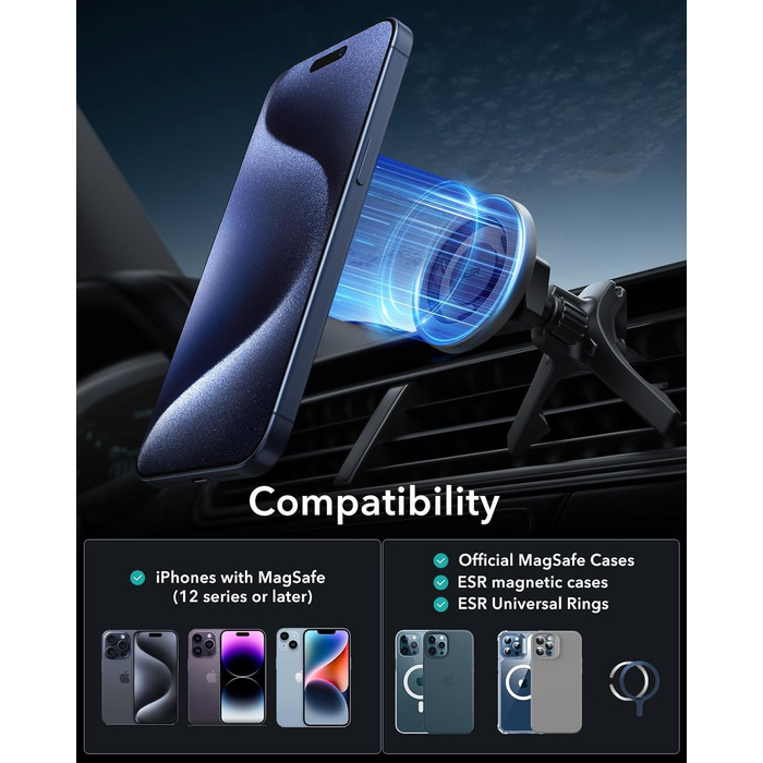 Автомобільний тримач для мобільного телефону ESR для автомобільного кріплення Magsafe, вентиляційний / приладовий магнітний автомо
