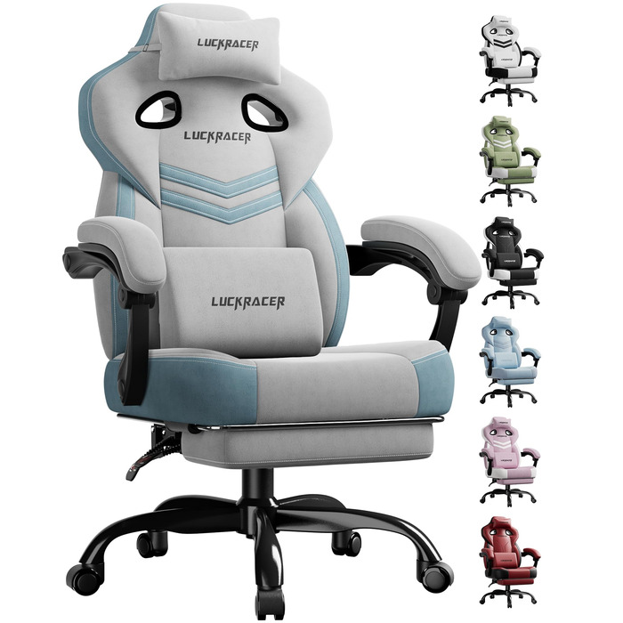 Тканина для ігрового крісла LUCKRACER, офісне крісло з підлокітниками, подушка з піни з ефектом пам&39яті, кут нахилу 90155 та підставка для ніг, міцна функціональна тканина, сірий колір