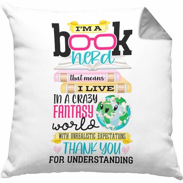 Подарункова подушка Trendation Bookworm з наповнювачем 40x40 Я книголюб Читання книг Подарунок Bookworm Висловлювання Читання (сіра)