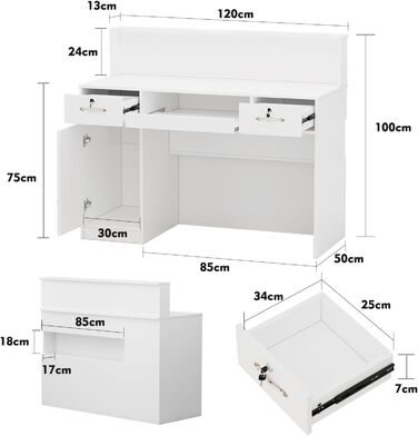 Стіл рецепції з шухлядами, білий, стійка рецепції, офісний стіл, для корпоративних залів, готельних рецепцій, магазинів одягу, кондитерських, фруктових магазинів 50 Г x 120 Ш x 100 В см 120 x 100 x 50