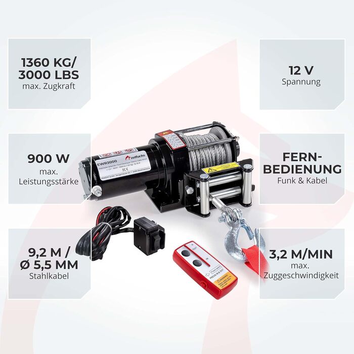 Електрична лебідка ROTFUCHS 12 В з радіопультом дистанційного керування 1360 кг / 3000 фунтів Лебідка з позашляховим двигуном Канатна електрична лебідка, сталевий трос 9,2 м, чорний