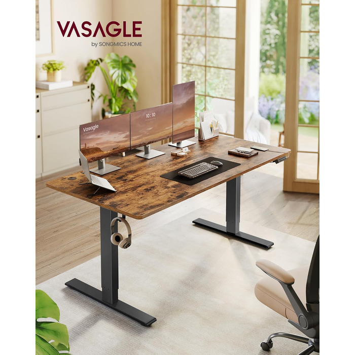 Стіл VASAGLE з регульованою висотою, 160 x 80 см, порт USB-C, подовжувач для зберігання, стіл для роботи стоячи, нагадування про тривале сидіння, 3 кнопки пам&39яті, для офісу, вінтажний коричневий LSD146KD02 160 x 80 см вінтажний коричневий