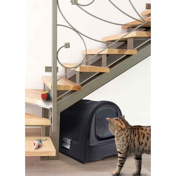 Котячий туалет Curver Petlife з кришкою, включаючи совок, сучасний вигляд ротанга, антрацит, 51,5 x 38,5 x 40 см
