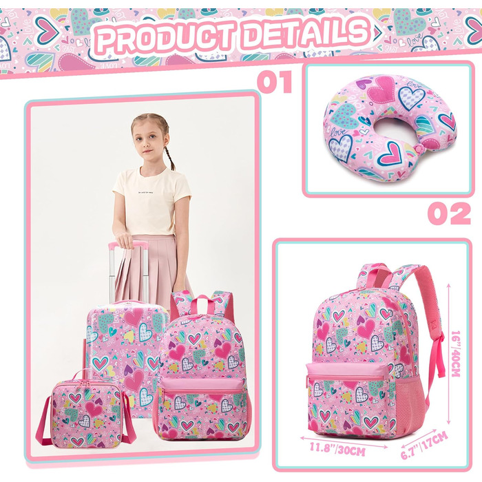 Дитячий набір валіз HTgroce 5 предметів рюкзак-ранце для дівчинки, валіза на колесах, дитяча ручна поклажа, дорожній набір, твердий корпус, рожевий з сердечками