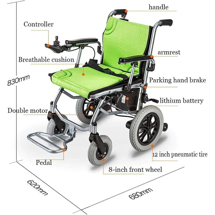 Моторизовані складні електричні інвалідні візки, легкий розкішний алюміній, мобільна літієва батарея 14 кг, підходить для електричних інвалідних візків для людей похилого віку та інвалідів, подвійне керування, 1