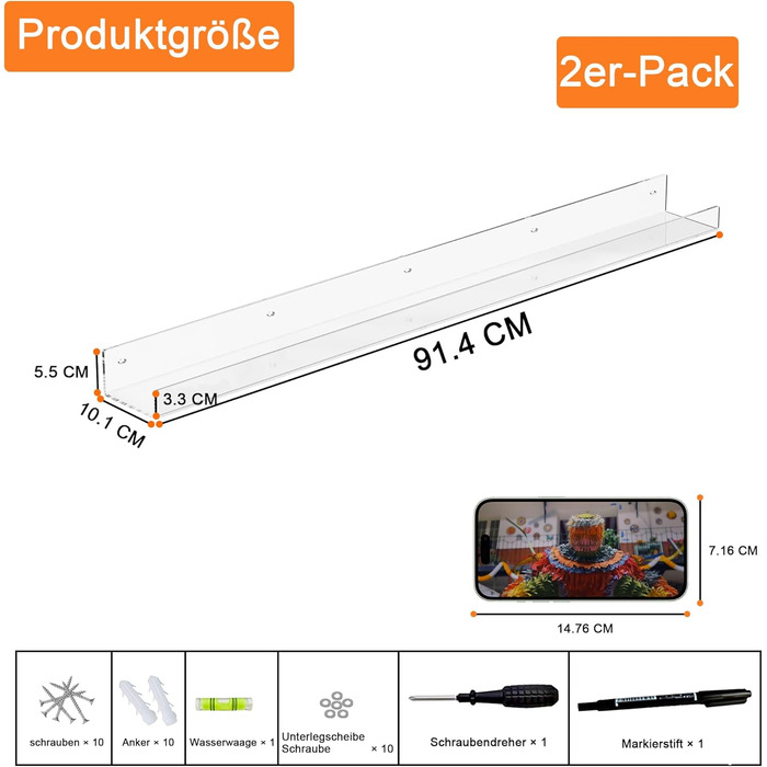 Настінна довга полиця з прозорого акрилу 91,4 см, 2 шт., пересувні акрилові книжкові полиці, настінне кріплення з невидимим карнизом