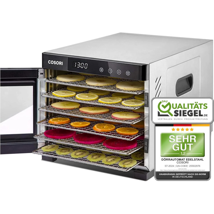 Дегідратор COSORI з нержавіючої сталі, дегідратор їжі з 50 рецептами, в т.ч. 6 лотків для дегідраторів з нержавіючої сталі, 3 решітки для дегідратора, 3 килимки для дегідратора, велика площа 0,6 м, таймер на 48 годин, світлодіодний дисплей (35-75C) і 650 